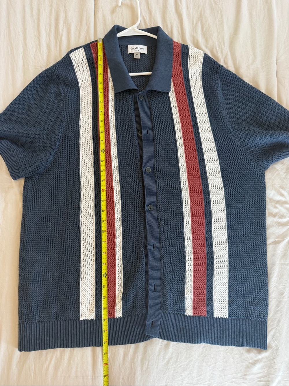 Goodfellow & Co Navy Short-Sleeve Button-Up Knit Shirt with Stripe Panels